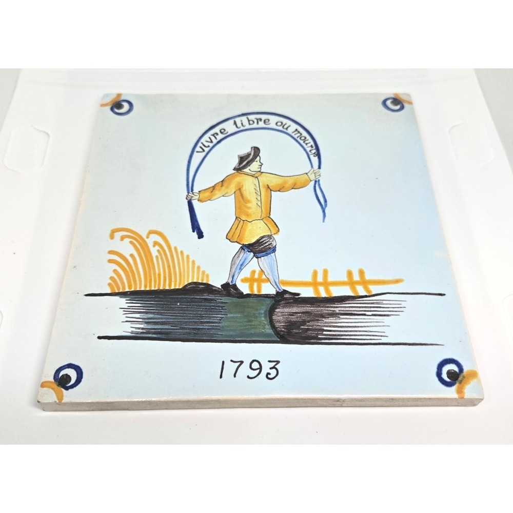 Vintage Geo Martel Tile "Vivre Libre ou Mourir" 1793, Made in Desvres, France